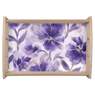 Violet Blooms Watercolor Purple Flowers Painted Serving Tray