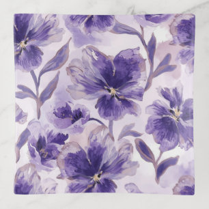 Violet Blooms Watercolor Purple Flowers Painted Trinket Tray