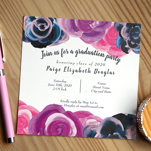 Violet Blue Botanical Roses Graduation Party Invitation