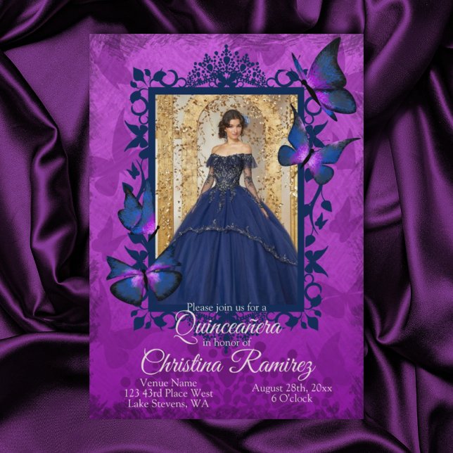 Violet, Blue Butterfly Quinceanera Invitation (Violet and blue quinceanera, blue dress mis quince invitation 15th purple butterfly blue butterflies)