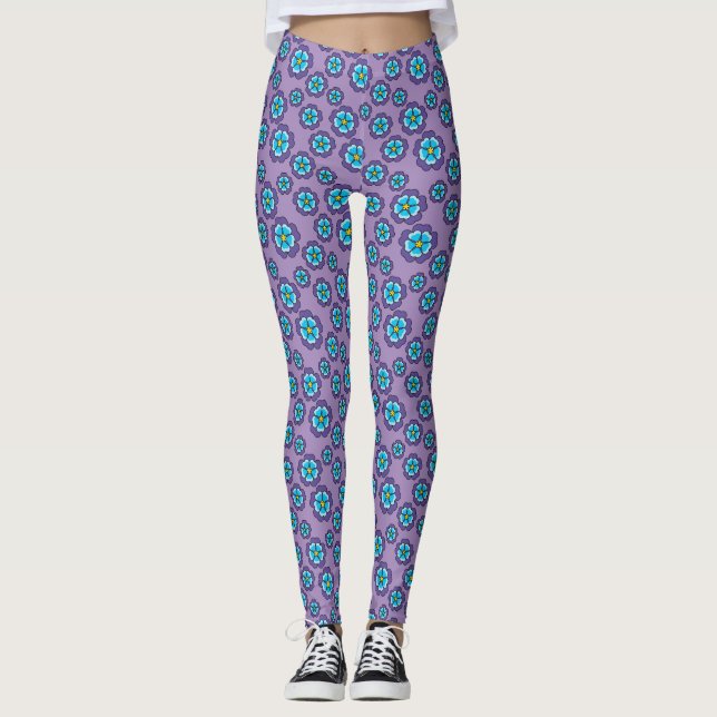 Violet Blue Flowers Pattern Leggings (Front)