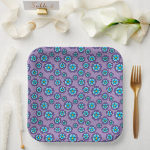 Violet Blue Flowers Pattern Paper Plates
