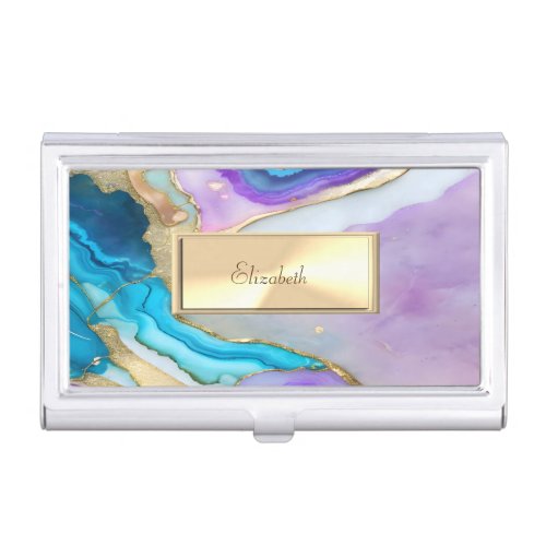 Violet Blue Marble Stone Gold Glitter Frame Business Card Case