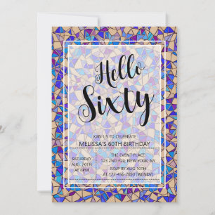 Violet Blue Mosaic Hello Sixty 60th Birthday Invitation