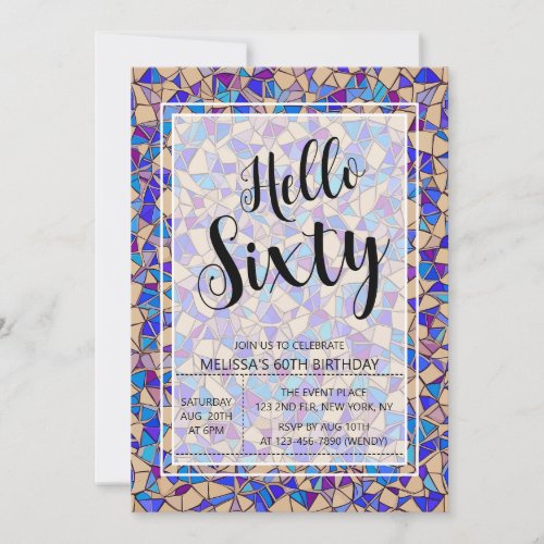 Violet Blue Mosaic Hello Sixty 60th Birthday Invitation