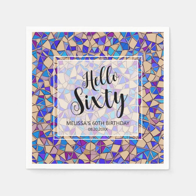 Violet Blue Mosaic Hello Sixty 60th Birthday Napkins (Front)