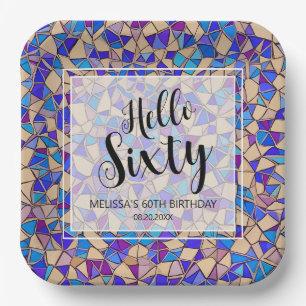 Violet Blue Mosaic Hello Sixty 60th Birthday Paper Plates