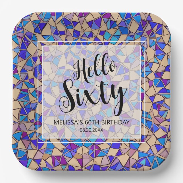 Violet Blue Mosaic Hello Sixty 60th Birthday Paper Plates (Front)