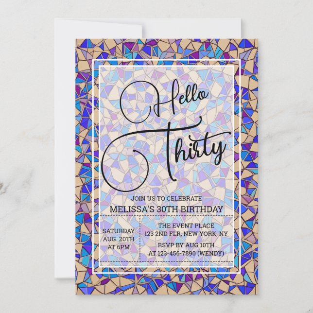 Violet Blue Mosaic Hello Thirty 30th Birthday Invitation (Front)