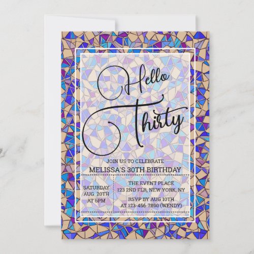 Violet Blue Mosaic Hello Thirty 30th Birthday Invitation