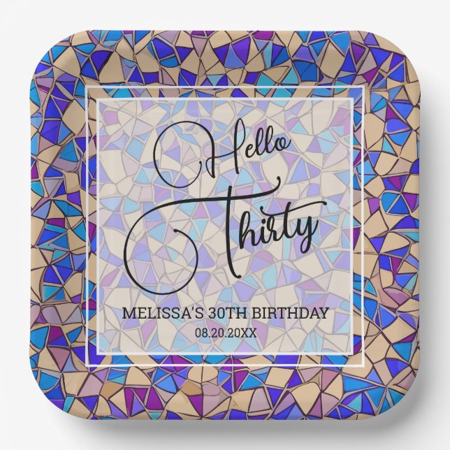 Violet Blue Mosaic Hello Thirty 30th Birthday Paper Plates (Front)