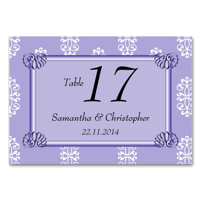 Violet Blue Pink Damask Wedding Table Number (Front)