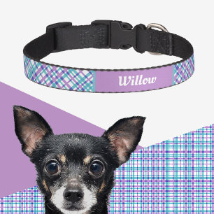 Violet blue Plaid Pattern Custom name Elegant Pet Collar