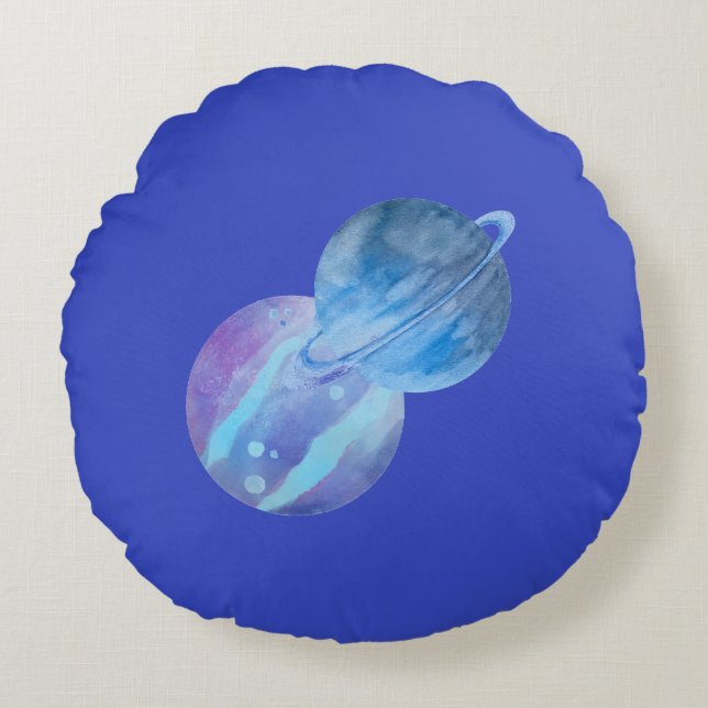 Violet Blue Planets Round Throw Pillow (Front)