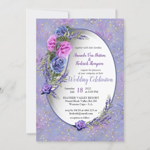 Violet_blue Watercolor Roses  Tulips with Gold c Invitation