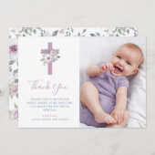 Violet Blush Cross and Flowers | Photo Baptism Thank You Card | Zazzle