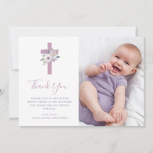 Violet Blush Cross and Flowers  Photo Baptism Thank You Card