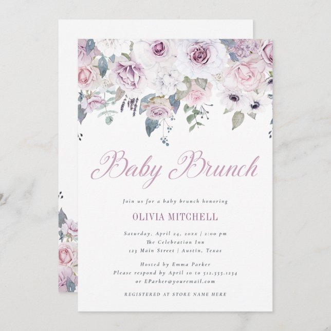 Violet Blush | Floral Baby Brunch Invitation (Front/Back)