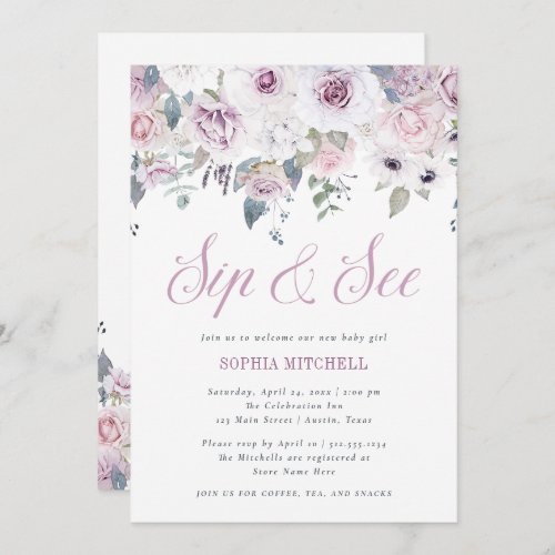 Violet Blush  Floral Baby Shower Sip and See Invitation