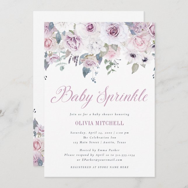 Violet Blush | Floral Baby Sprinkle Invitation (Front/Back)