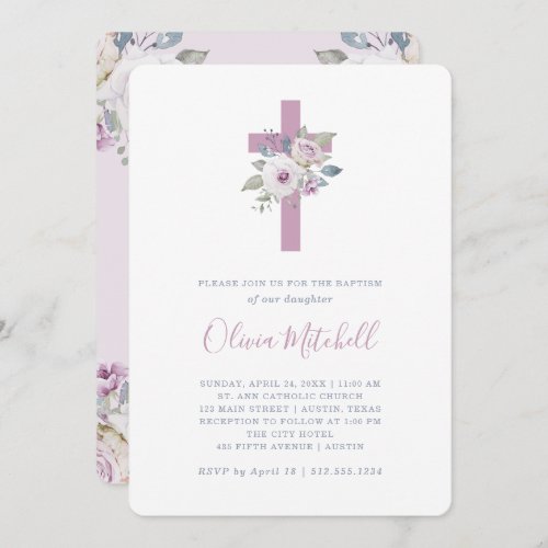 Violet Blush  Floral Baptism with Cross Invitation