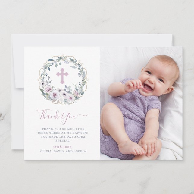 Violet Blush | Floral Baptism with Cross | Photo Thank You Card (Front)