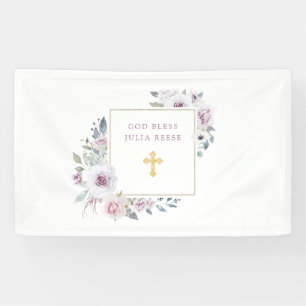 Violet Blush Floral   Gold Cross Baptism Banner