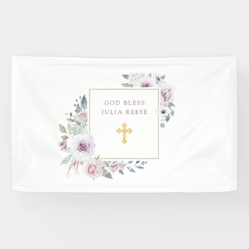 Violet Blush Floral  Gold Cross Baptism Banner