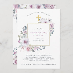 Violet Blush Floral Gold Cross Baptism Invitation