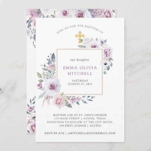 Violet Blush Floral  Gold Cross Baptism Invitation