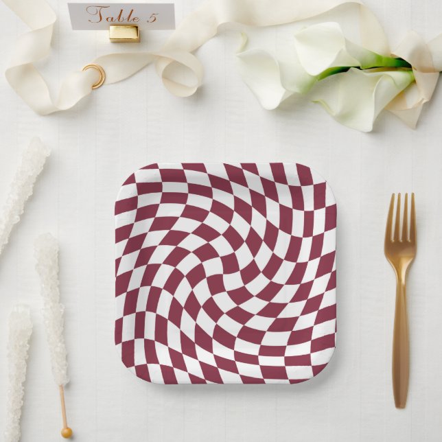 Violet Burgundy Wedding Collection Check Checkered Paper Plates (Wedding)