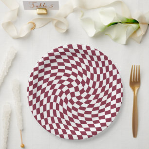 Violet Burgundy Wedding Collection Check Checkered Paper Plates