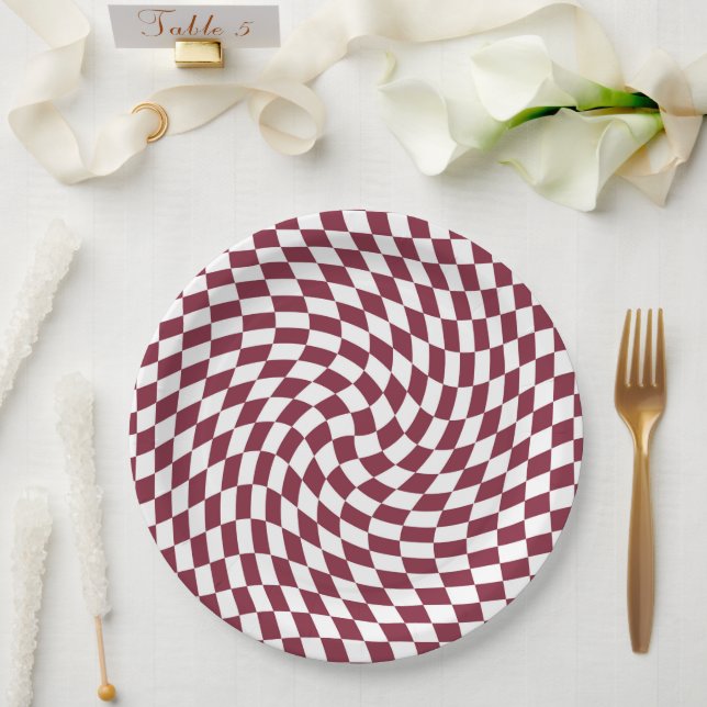 Violet Burgundy Wedding Collection Check Checkered Paper Plates (Wedding)