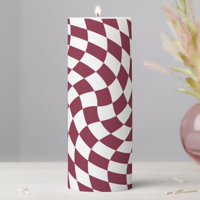 Violet Burgundy Wedding Collection Check Checkered Pillar Candle (In Situ)