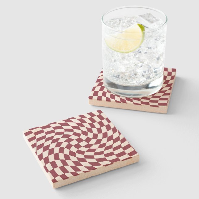 Violet Burgundy Wedding Collection Check Checkered Stone Coaster (Side)