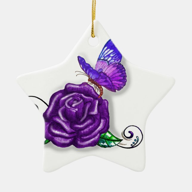 Violet Butterfly and Rose design Ceramic Ornament (Front)