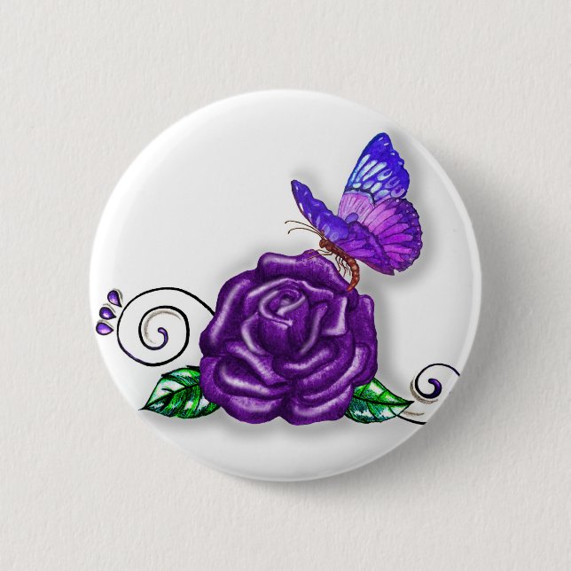 Violet Butterfly and Rose design Pinback Button (Front)
