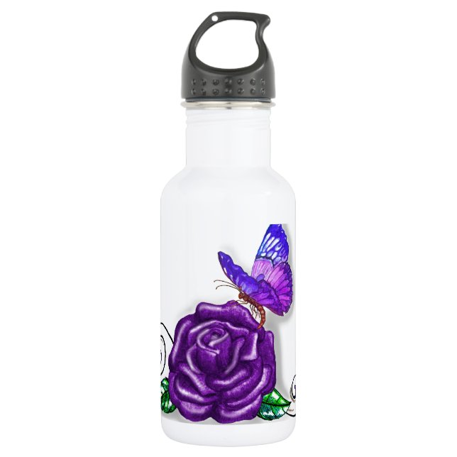 Violet Butterfly and Rose design Water Bottle (Front)
