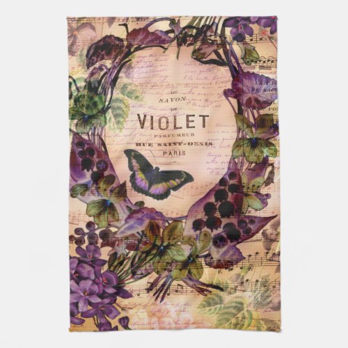 Violet Butterfly Floral Ephemera Kitchen Towel