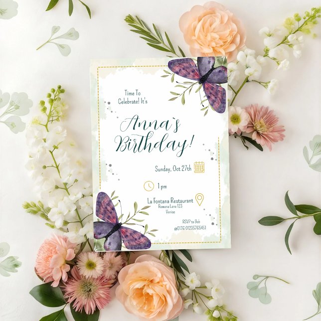 Violet Butterfly Watercolour Birthday Invitation (Creator Uploaded)