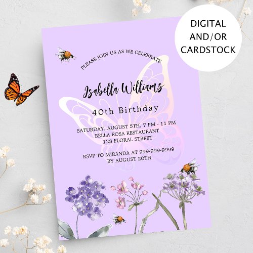 Violet butterfly wildflowers pink birthday invitation