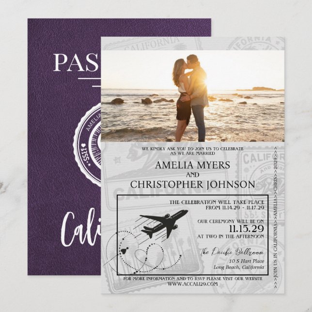 Violet California Passport Wedding Invitation (Front/Back)