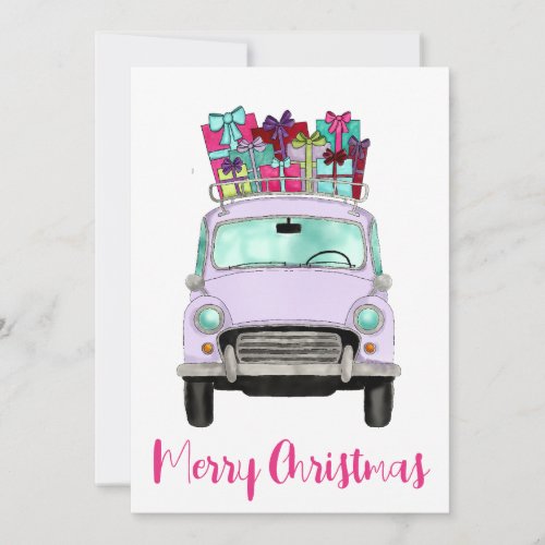 Violet Car with Christmas Gifts  Holiday Card