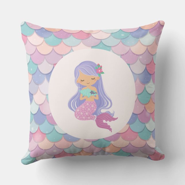Violet Childish Mermaid  Throw Pillow (Back)