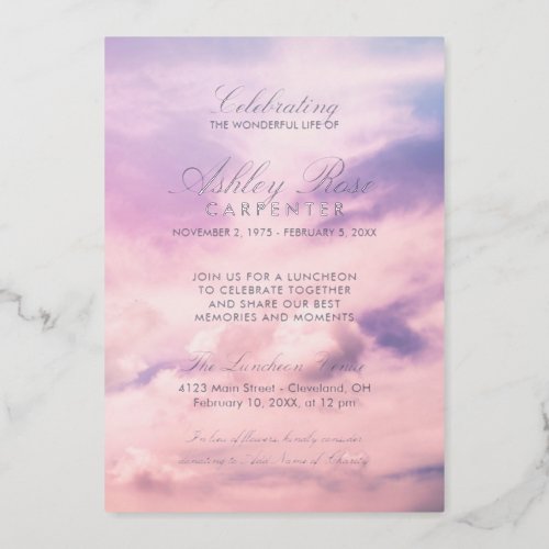 Violet Clouds Celebration of Life Memorial Silver Foil Invitation