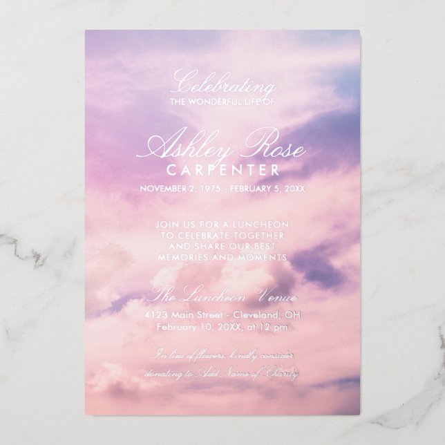 Violet Clouds Celebration of Life Memorial Silver Foil Invitation (Front)