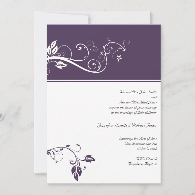Violet Color Band Vine Scroll Wedding Invitation (Front)