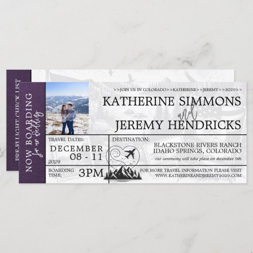 Violet Colorado Wedding Boarding Pass Invite