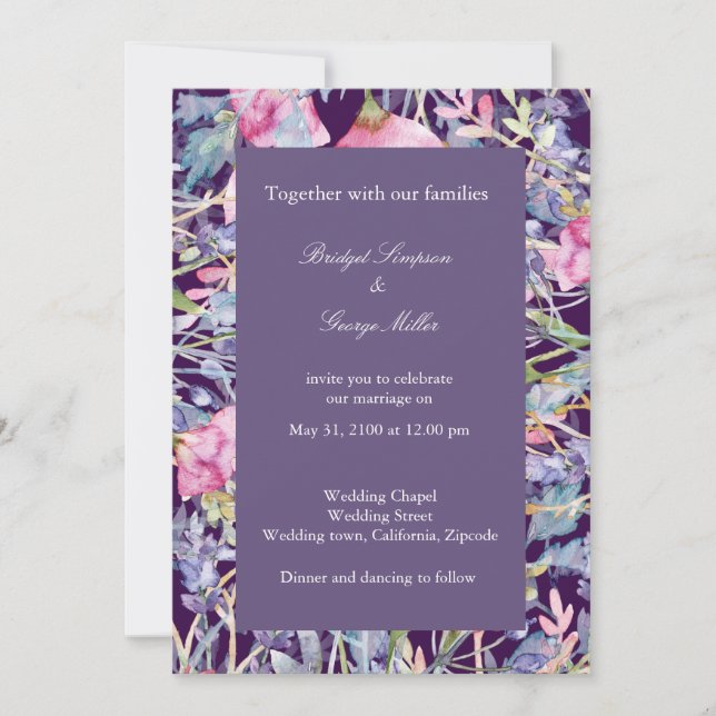 violet colorful wildflower greenery wedding invitation (Front)