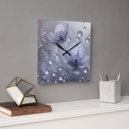 Violet Cosmos and Dew Drops Square Wall Clock
